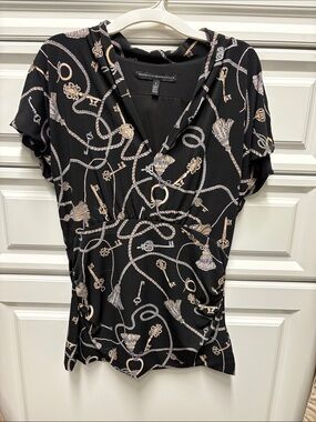 White House Black Market Black Key & Tassel Print V-Neck Blouse